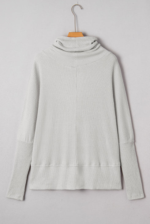 Textured Knit Drawstring Cowl Neck Oversize Slit Hem Top